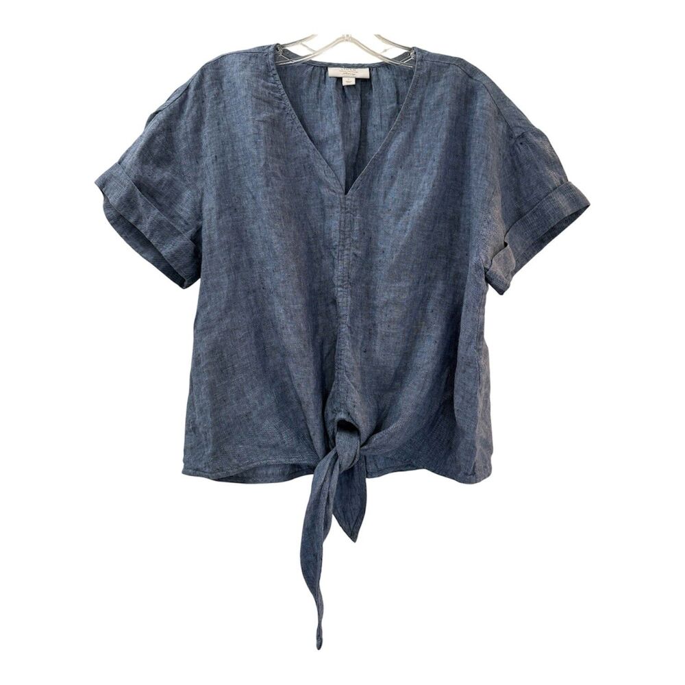 CHARTER CLUB Luxury 100% linen V Neck Front Tie Shirt Womens Size Large Blue Top